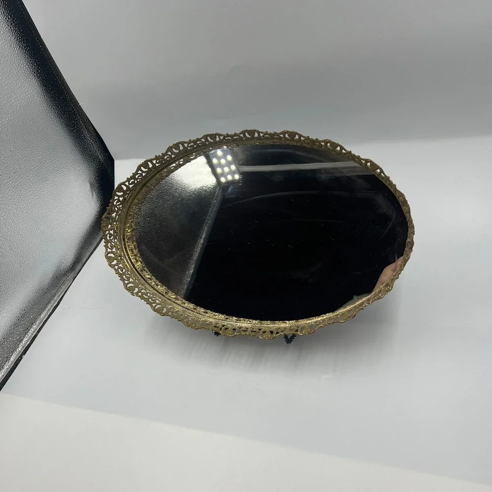Vintage Oval Mirrored Vanity Tray Gold Tone Ornate Filigree Frame 14 Inch Mirror